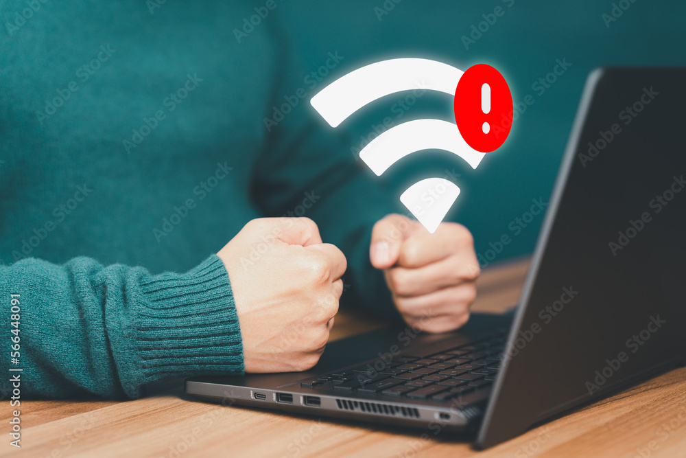 Poster Man using a computer laptop to connect to wifi but wifi not connected, and waiting to loading digital business data form website, concept technology of waiting for connect to wifi.