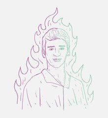 man line with fire on as the background in half style