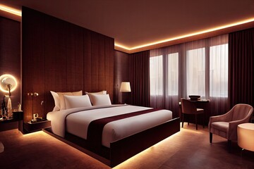 Luxury modern style bedroom, Interior of a hotel bedroom. Generative AI illustration