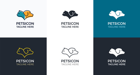 Vector icon illustration of the head of a dog and cat together in 6 different styles. Pet shop, veterinary, medical, shelter or other pet related subjects.