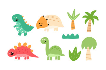 Set of jurassic cute design element. Collection of funny dinosaur illustration in childish style