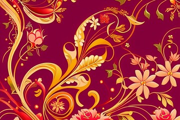 Fototapeta na wymiar Art Nouveau inspired floral design in a vibrant palette of reds and yellows.