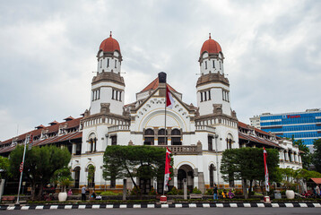 Fototapeta na wymiar Lawang Sewu, a historical and iconic heritage building in Semarang, Central Java, Indonesia. Art Deco architecture build in colonial era.