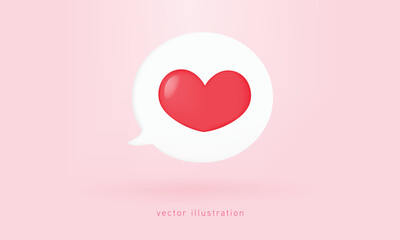 3d white speech bubble with Red heart message icon design. Happy Valentine's day. Romantic Symbol of Love botton. 3d vector rendering.