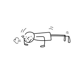 Sweaty stick figure doing push up exercise and plank, a drawing of a stick figure doing a workout.