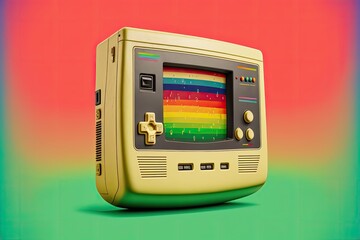 Old video game console on rainbow background, digital illustration, AI
