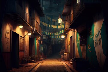 Brazil dirty back alley leads to another street night 3d render. Generative AI.