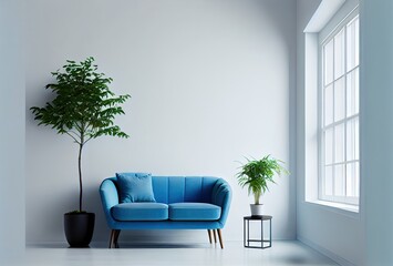 Minimalist Empty living room with red sofa, plants and table on empty white wall background. Generative AI.