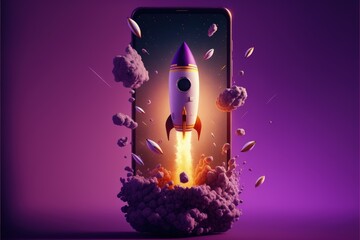 Rocket flying from mobile phone screen on purple background, startup concept, Generative AI