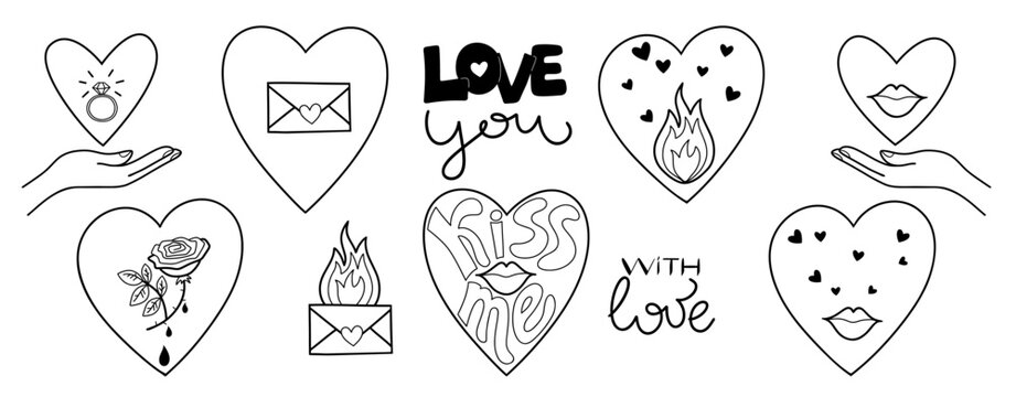 Fototapeta Outline doodle love theme set, romance, February 14, Valentine's Day. Design elements, white background.  Inscriptions. Vector.