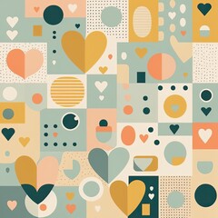 Romantic vector abstract geometric background with hearts, circles, rectangles and squares in retro scandinavian style. Pastel colored simple shapes graphic pattern. Generative AI.