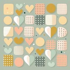 Romantic vector abstract geometric background with hearts, circles, rectangles and squares in retro scandinavian style. Pastel colored simple shapes graphic pattern. Generative AI.