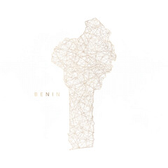 Low poly map of Benin. Gold polygonal wireframe. Glittering vector with gold particles on white background. Vector illustration eps 10.
