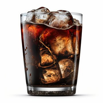 Soda and ice cube in a glass. Cola, ice cube and bubbles. Isolated on white background. Generative AI.