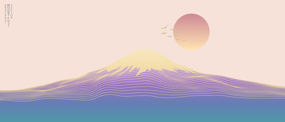 Vector abstract art Mount Fuji Japan landmark, landscape mountain with birds and sunrise sunset by gold line art texture isolated on colorful pastel purple pink colors background minimal luxury style.