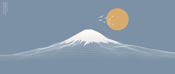 Panele Szklane  Vector abstract art Mount Fuji Japan landmark, landscape mountain with birds and sunrise sunset by white line art texture isolated on pastel earth tone blue colors background. Minimal style.