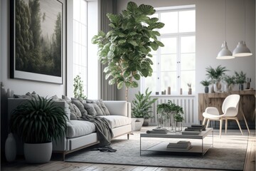 Living Room Interior Design Minimalistic Chic Series: a monochromatic white palette with warm wood accents, clean lines, and pops of greenery. Generative AI