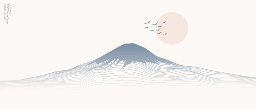 Vector abstract art Mount Fuji Japan landmark, landscape mountain with birds and sunrise sunset by blue line art texture isolated on pastel earth tone beige colors background. Minimal vintage style.