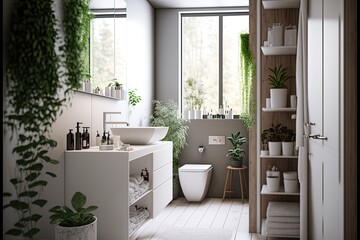 Fototapeta na wymiar Bath Room Interior Design Minimalistic Chic Series: a monochromatic white palette with warm wood accents, clean lines, and pops of greenery. Generative AI