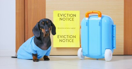 Confused dachshund sits near small blue suitcase and looks at yellow sign Eviction Notice. Domestic dog looks around with puzzled expression and runs away