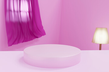 Natural 3d Podium for product display. Podium with pink background wall interior with curtains, window. 3d render