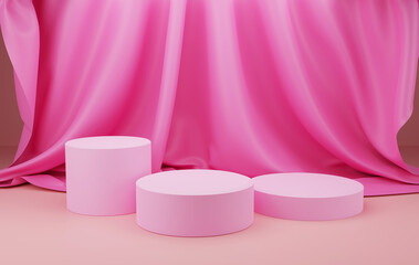 podium empty with geometric shapes and curtain in pink pastel composition for modern stage display ,abstract showcase background ,3d render
