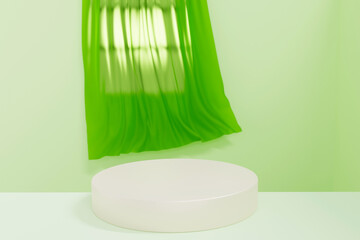 Natural 3d Podium for product display. Podium with green background wall interior with curtains, window. 3d render