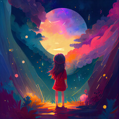 Obraz na płótnie Canvas The little girl is looking at the sky