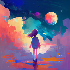 Obraz na płótnie Canvas The little girl is looking at the sky