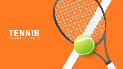 Tennis ball on Tennis racket on the white line clay court tennis ,illustrations for use in online sporting events , Illustration Vector EPS 10