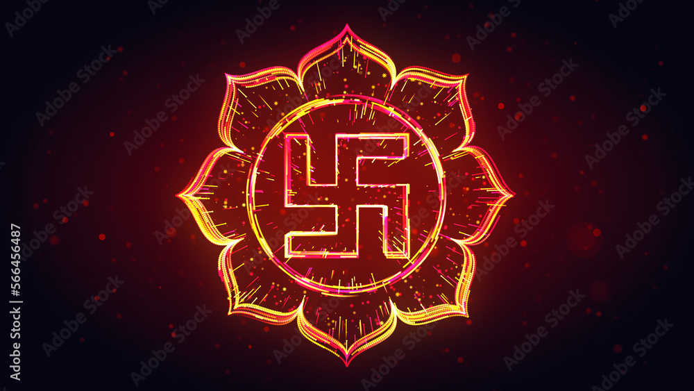 Poster red yellow shiny swastika inside padma symbol shape 3d lines effect with tiny hearts particles on da