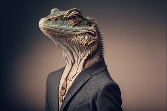 Portrait of a Reptile lizard dressed in a formal business suit, generative ai	
