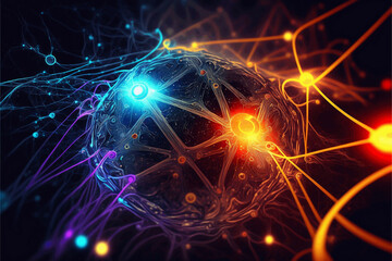 Neurons firing, colorful lit up neurons on a black background.  Stylized, 3D rendering, Generative AI.