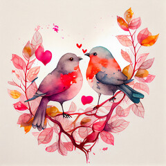  A Watercolor Valentine's Day: Two birds, painted in soft and soothing hues, are depicted as they lovingly share a moment together.