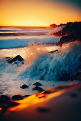 Ocean flowing into coastal channels eroded into rock and a stunning sunrise. Generative AI