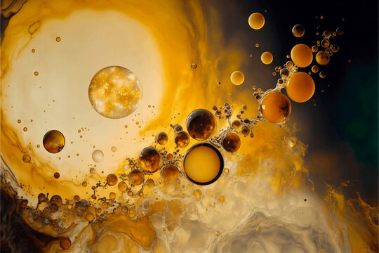 Beautiful bubbles, and splashes, amber hues, organic background, generative AI.