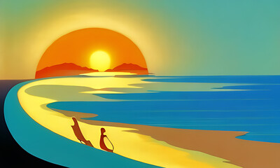 Fototapeta na wymiar Generative AI : vibrant beach sunrise in style of children's illustration background