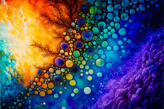 Bubbles and vibrant colors and organic shapes, beautiful abstract background.  Generative AI.