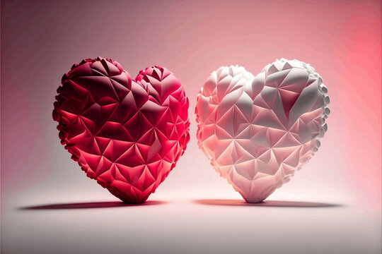 Two intricate crystalline hearts on a pink and white gradient background.  3D style. Love, companionship, generative AI.