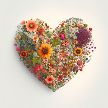 A heart made of flowers on a white background.  Love, Valentine's.  Generative AI.