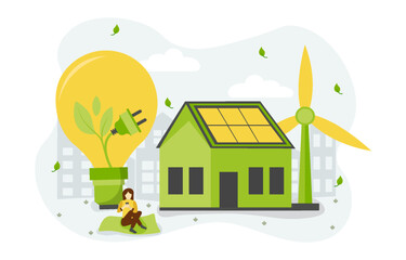Modern eco house and windmill, solar energy panels. Smart home and save energy sustainable concept. Vector Illustration