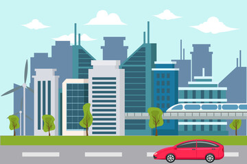 Cityscape Background Modern City Panorama With Highway Road And Subway Over Skyscrapers Flat design Vector Illustration