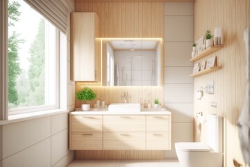 Fototapeta na wymiar Bath Room Interior Design Scandy Dream Series: a Light blonde wood paneling and cabinetry with white walls, and natural textured accessories. Generative AI 