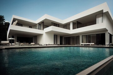 Fototapeta premium Luxury pool villa spectacular contemporary design digital art real estate , home, house and property, Generative AI illustration.