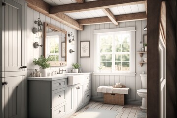 Bath Room Interior Design Rustic Glam Series: White shiplap walls with natural reclaimed wood beams, light colored furniture with metallic accents. Generative AI
