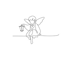 Angel holding a lantern. Continuous line art drawing vector illustration, lighthouse, pray