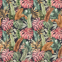 Obraz premium Beautiful autotraced vector seamless pattern with hand drawn watercolor colorful tropical palm leaves. Stock illustration. Wallpapper textile fabric design.
