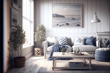 Living Room Interior Design Coastal Retreat Series: Crisp white walls, bleached wood flooring, and coastal inspired natural woven textiles. Generative AI
