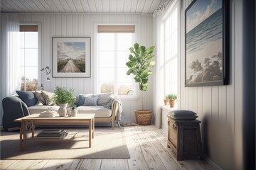 Naklejka na ściany i meble Living Room Interior Design Coastal Retreat Series: Crisp white walls, bleached wood flooring, and coastal inspired natural woven textiles. Generative AI 