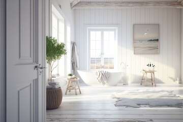 Bath Room Interior Design Coastal Retreat Series: Crisp white walls, bleached wood flooring, and coastal inspired natural woven textiles. Generative AI
